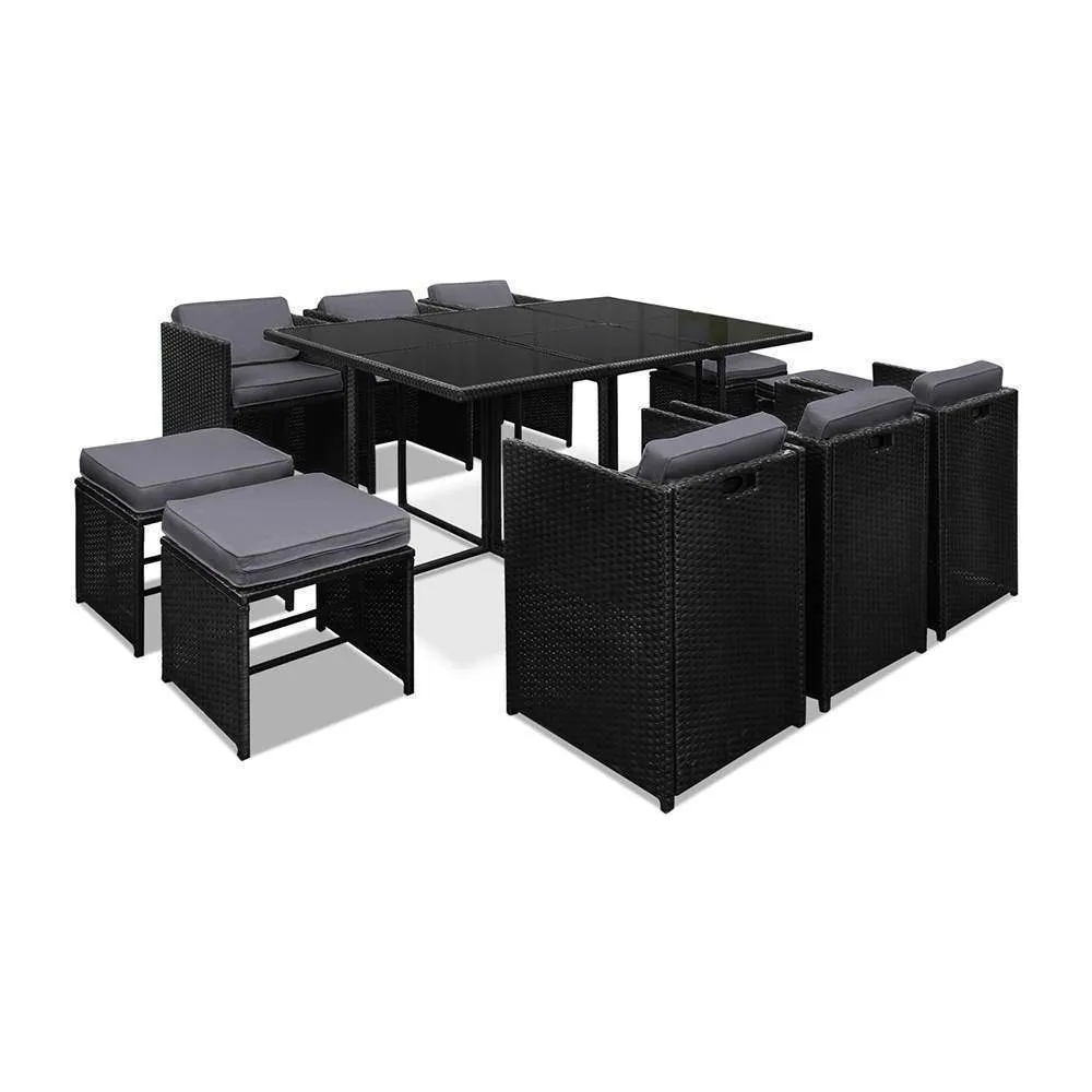 11 Piece PE Wicker Outdoor Rattan Dining Set - Black