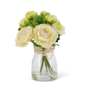 6.75 Inch White Ranunculus Bouquet In Glass Vase W/Faux Water
