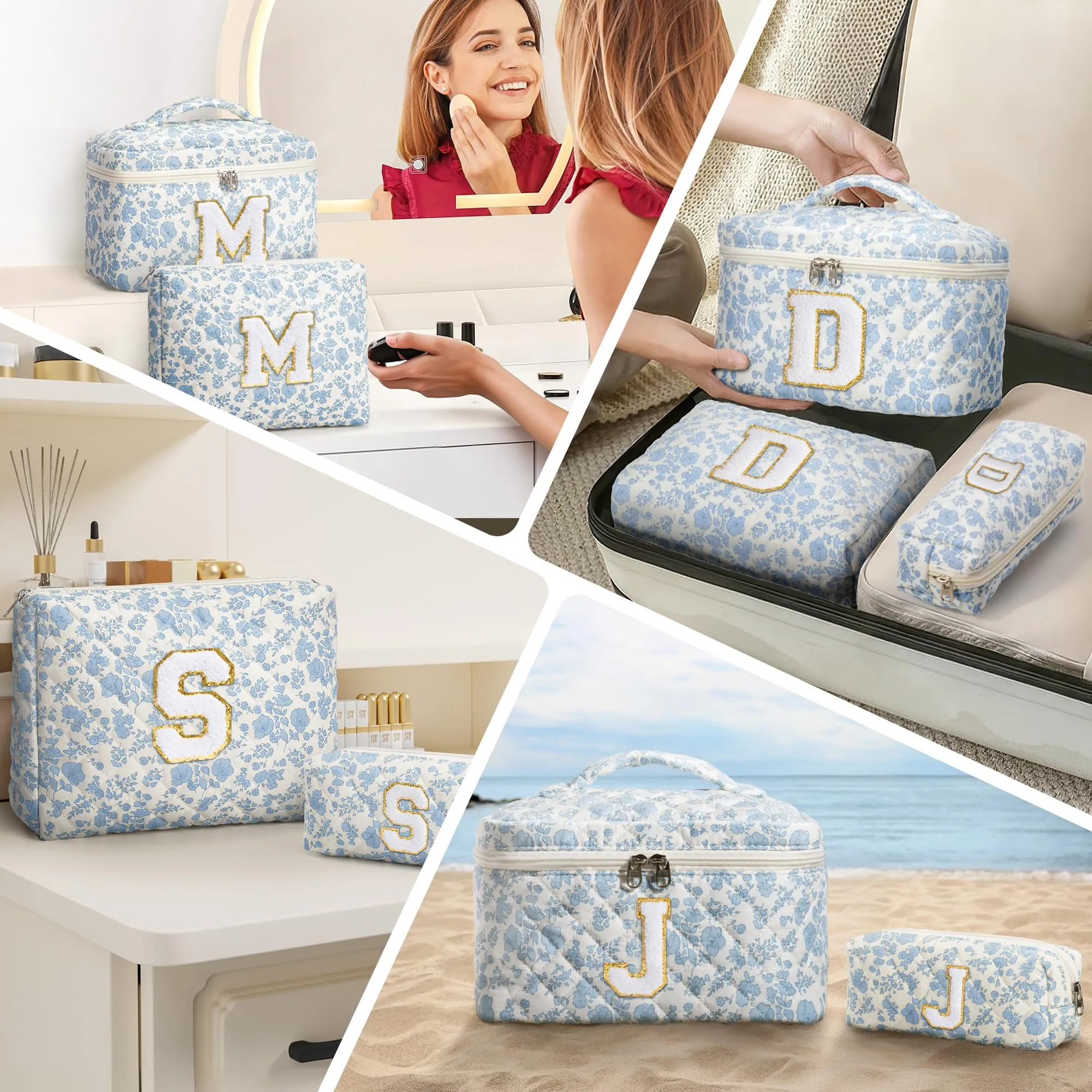 Birthday Gifts for Teen Girls Women - Personalized Initial Makeup Bag Quilted Cosmetic Bag Floral Make Up Bag Travel Toiletry Bag Teen Girl Gift Trendy Stuff Valentine Day Gift for Mom Daughter Friend
