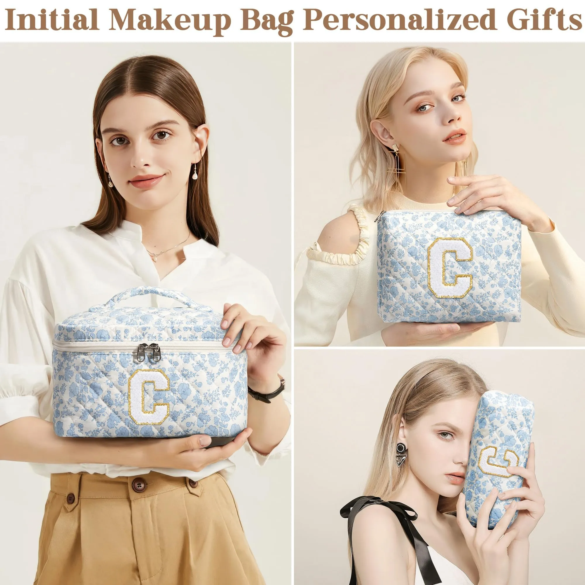 Birthday Gifts for Teen Girls Women - Personalized Initial Makeup Bag Quilted Cosmetic Bag Floral Make Up Bag Travel Toiletry Bag Teen Girl Gift Trendy Stuff Valentine Day Gift for Mom Daughter Friend