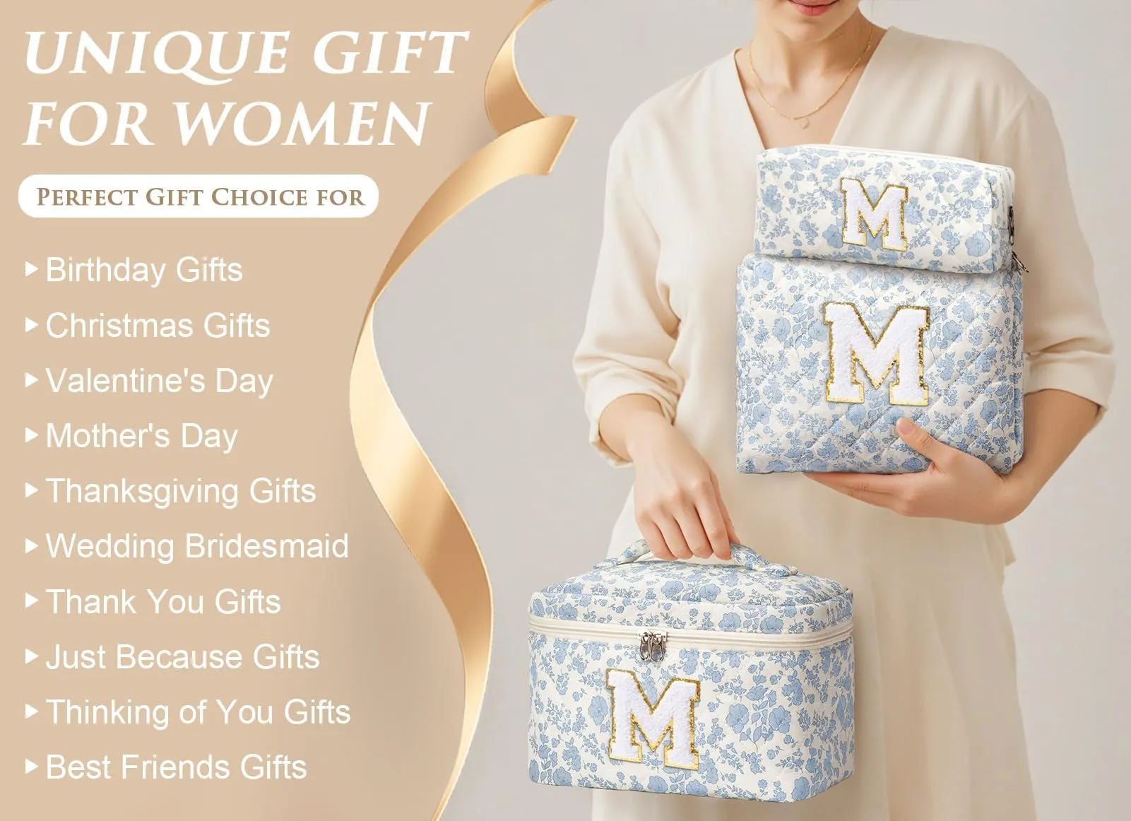Birthday Gifts for Teen Girls Women - Personalized Initial Makeup Bag Quilted Cosmetic Bag Floral Make Up Bag Travel Toiletry Bag Teen Girl Gift Trendy Stuff Valentine Day Gift for Mom Daughter Friend