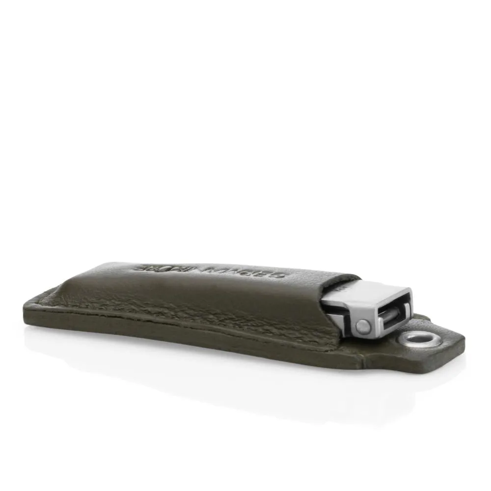 GERmanikure 6cm Pocket Size French Nail Clipper in Olive Leather Keychain Case FINOX® Surgical Stainless Steel