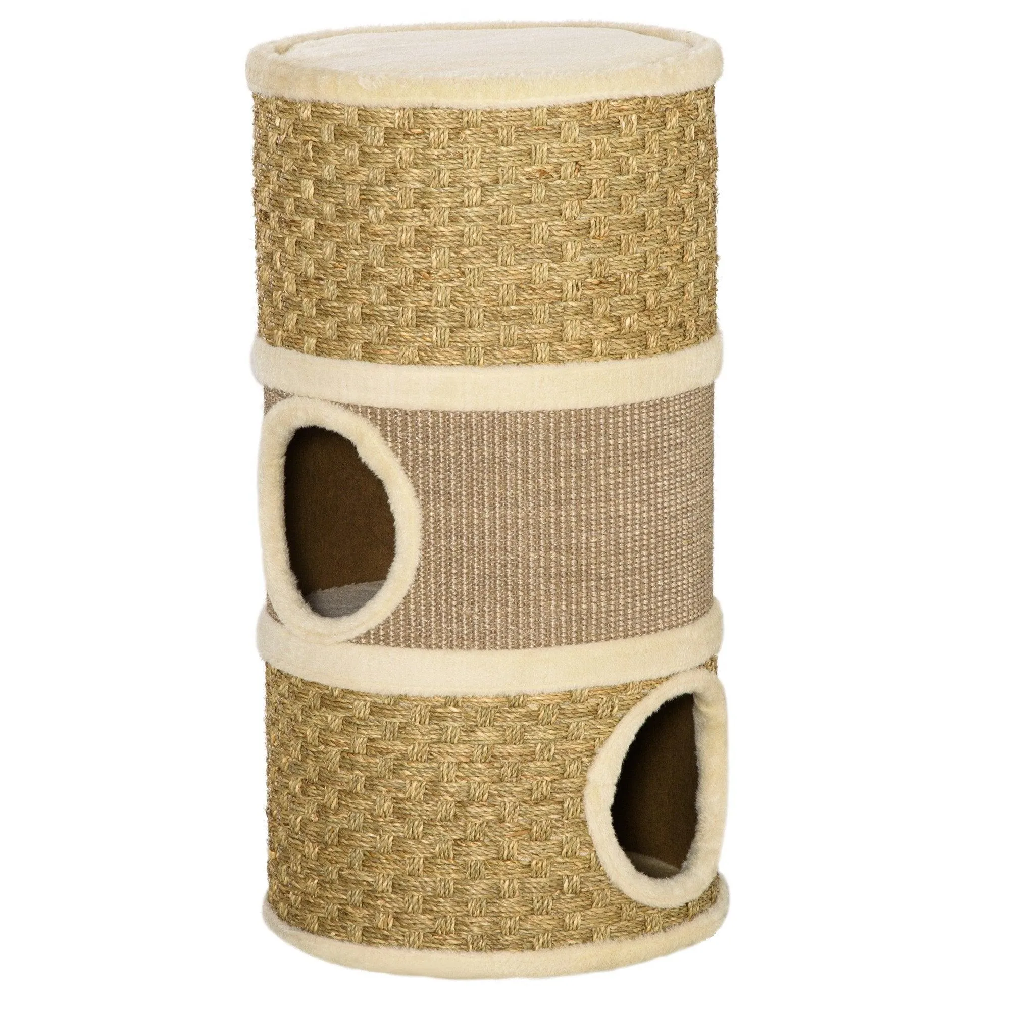 Sisal & Seaweed Rope Cat Scratching Barrel Tower, 70cm - Natural