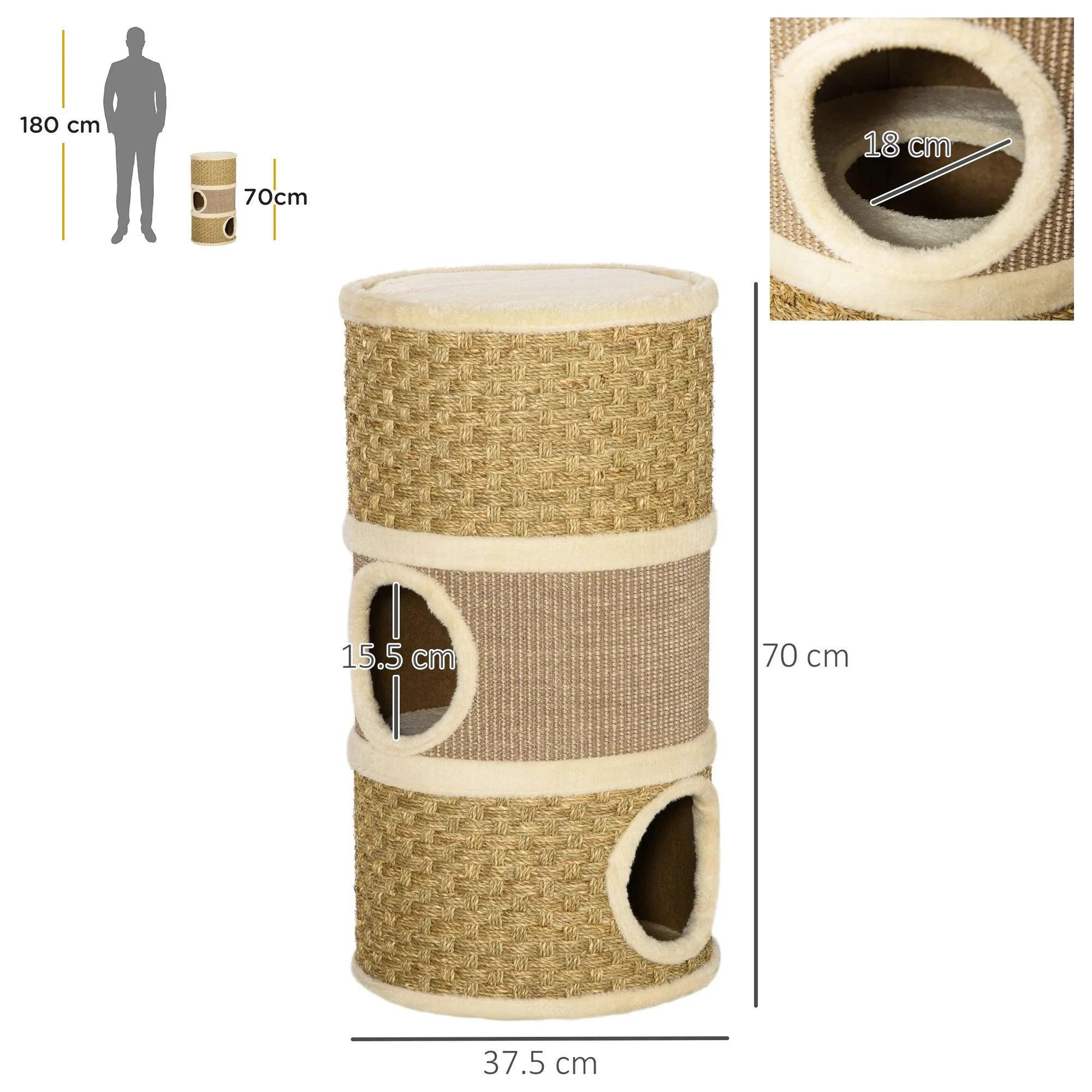Sisal & Seaweed Rope Cat Scratching Barrel Tower, 70cm - Natural