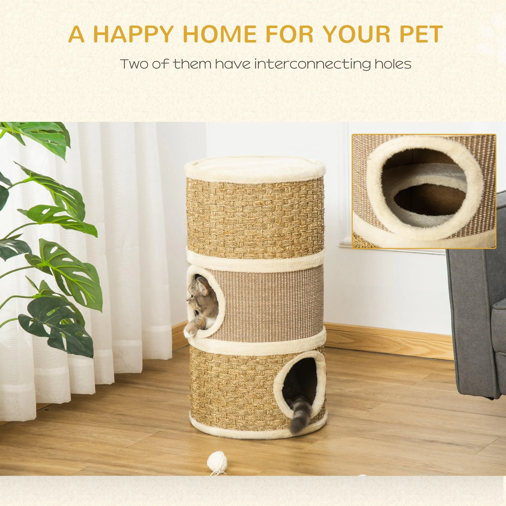 Sisal & Seaweed Rope Cat Scratching Barrel Tower, 70cm - Natural