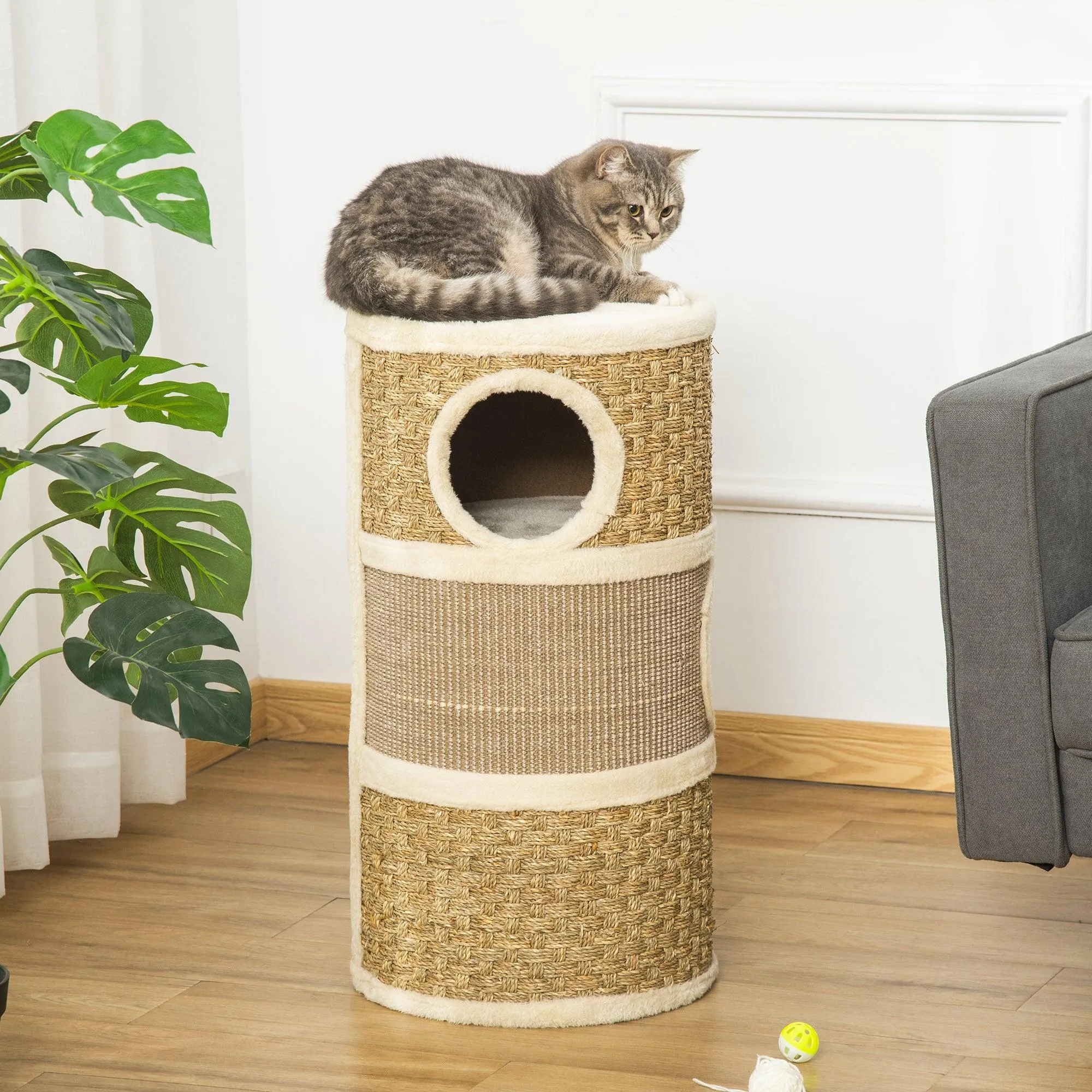 Sisal & Seaweed Rope Cat Scratching Barrel Tower, 70cm - Natural