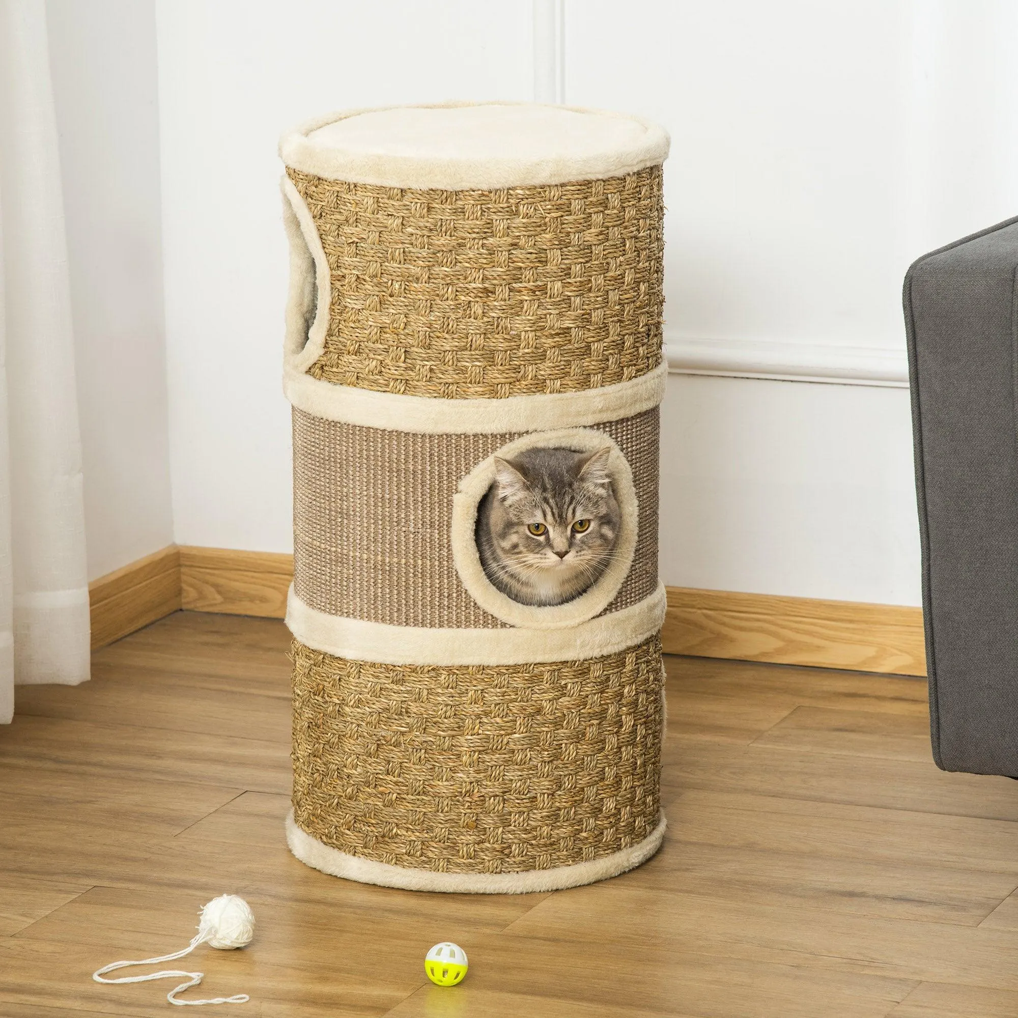 Sisal & Seaweed Rope Cat Scratching Barrel Tower, 70cm - Natural