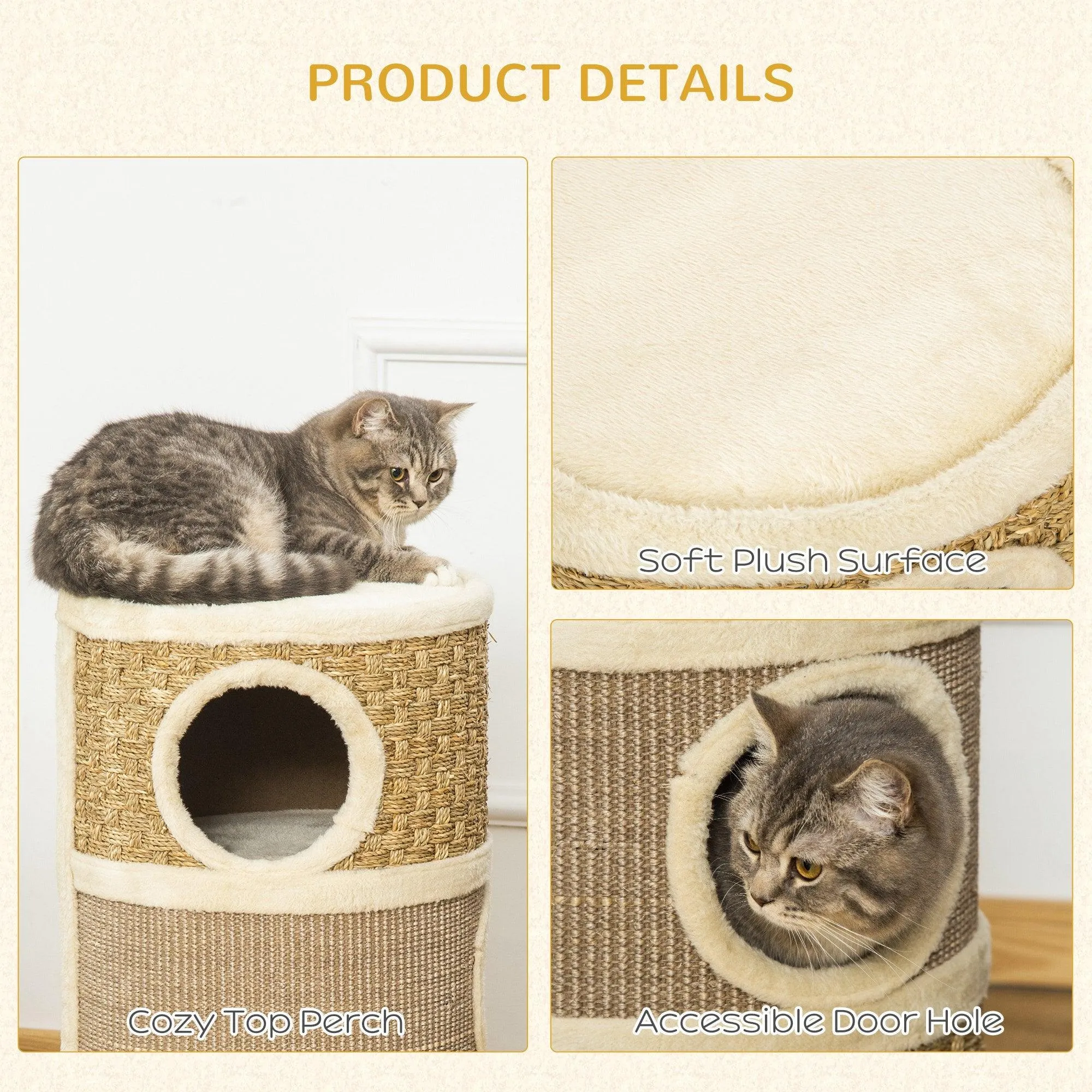 Sisal & Seaweed Rope Cat Scratching Barrel Tower, 70cm - Natural