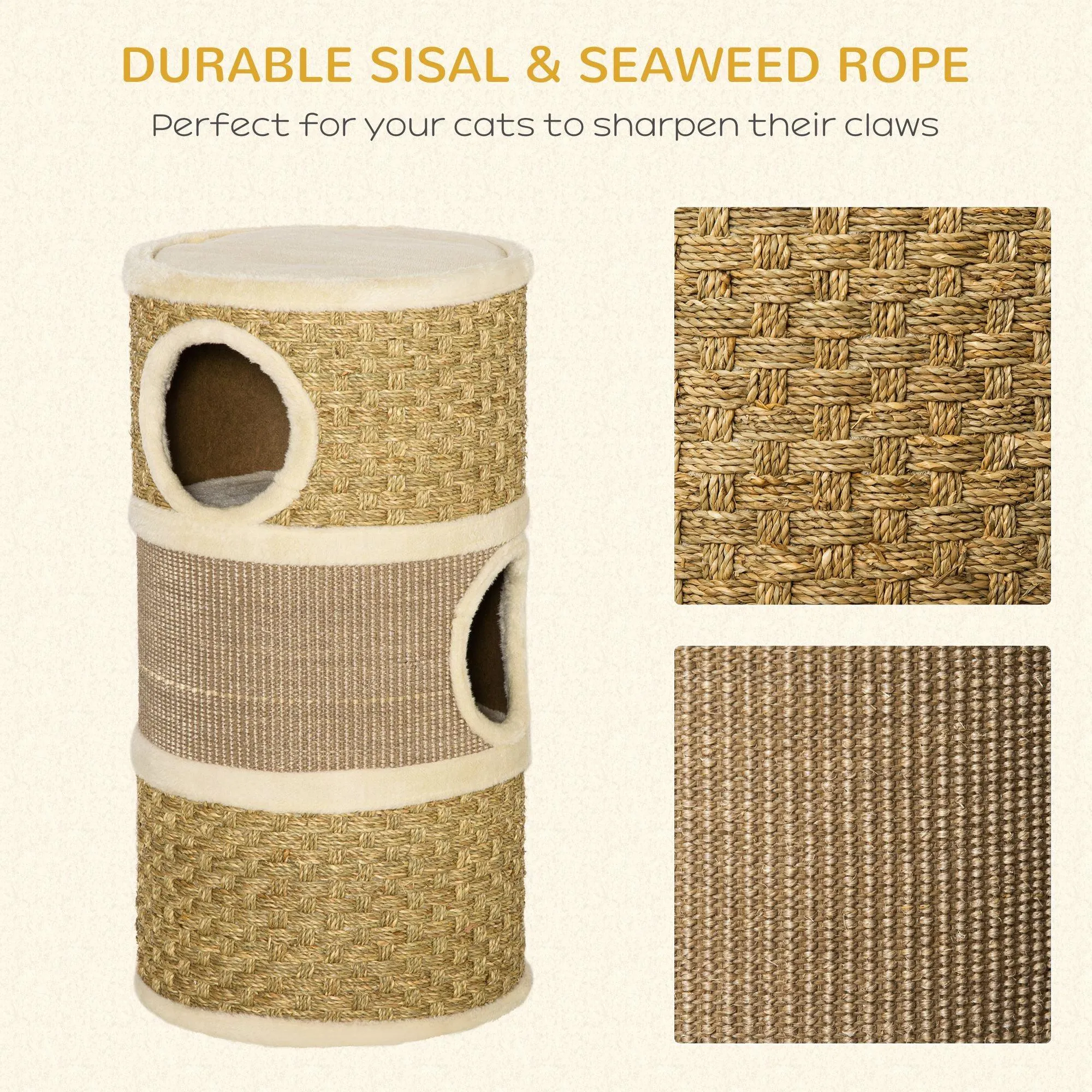 Sisal & Seaweed Rope Cat Scratching Barrel Tower, 70cm - Natural