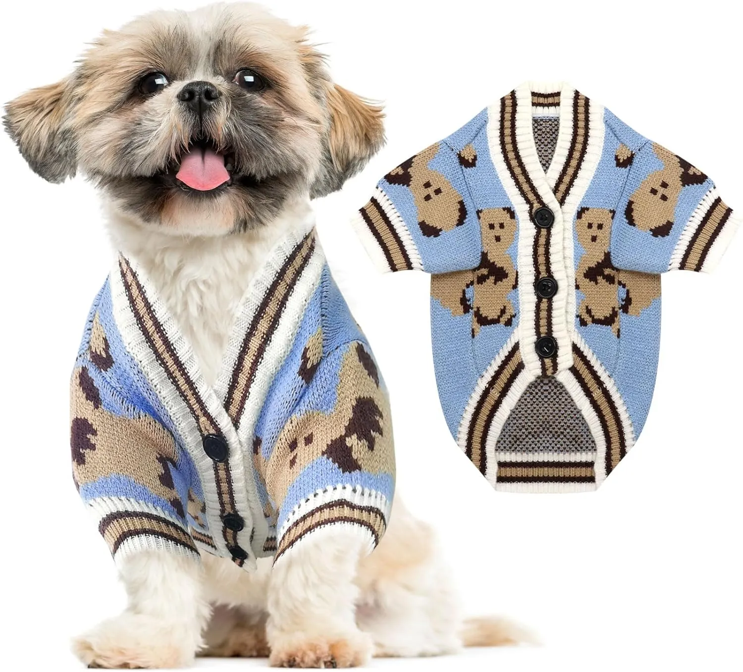 Small Sweaters Cute Bear Cardigans for Small Medium Dogs Boy Girl Puppy Cat Knitting Outfits Winter Coats Warm Pet Clothes Soft Knitwear Apparel (Blue,S)