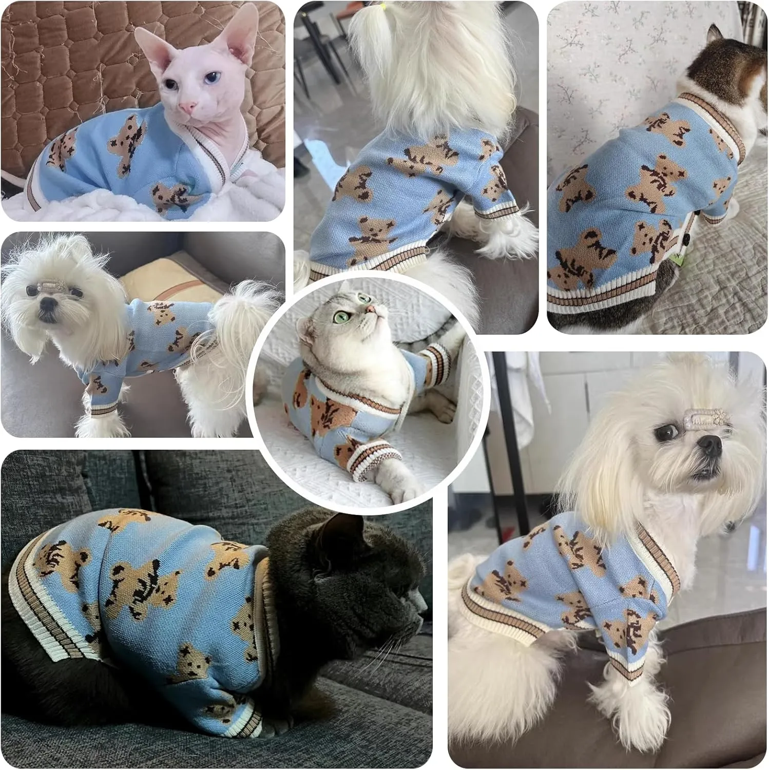 Small Sweaters Cute Bear Cardigans for Small Medium Dogs Boy Girl Puppy Cat Knitting Outfits Winter Coats Warm Pet Clothes Soft Knitwear Apparel (Blue,S)