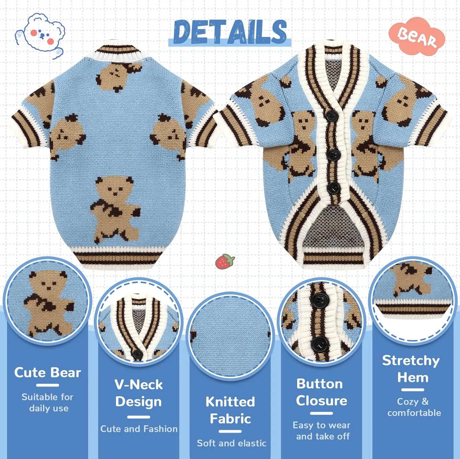 Small Sweaters Cute Bear Cardigans for Small Medium Dogs Boy Girl Puppy Cat Knitting Outfits Winter Coats Warm Pet Clothes Soft Knitwear Apparel (Blue,S)