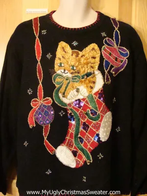 Ugly Christmas Sweater 80s Bling Cat with Jingle Bells